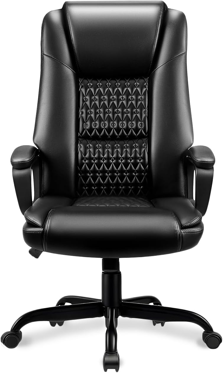 OFIKA Leather Office Desk Chair,Ergonomic Office Chair with Lumbar Support,Computer Chair,Executive Leather Chair with Padded Flip-up Arm,Adjustable Armrests, Black,275LBS