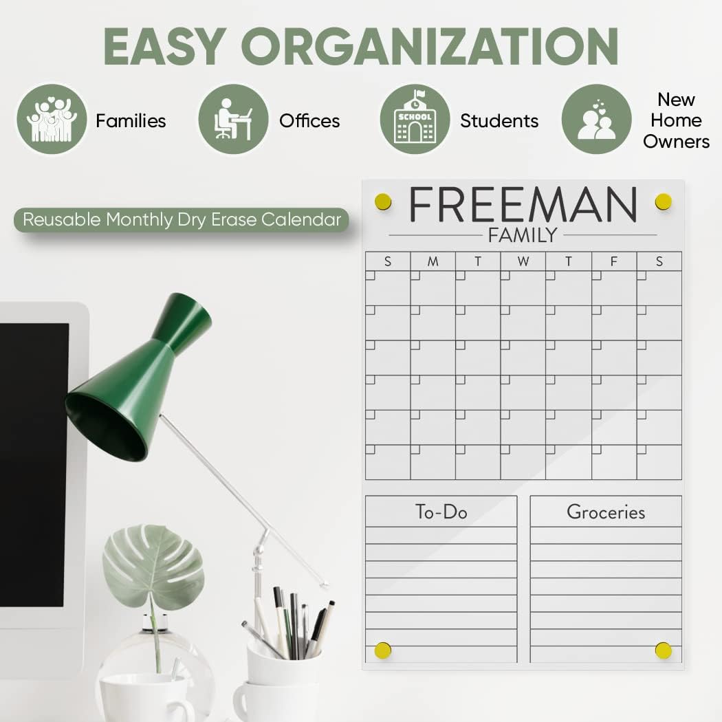Personalized Acrylic Calendar for Wall - Ships Next Day, Made in America, Clear Dry Erase Planner for Home, Office, & Family, Glass Calendar Alternative, Easy to Clean (White, 18x24)