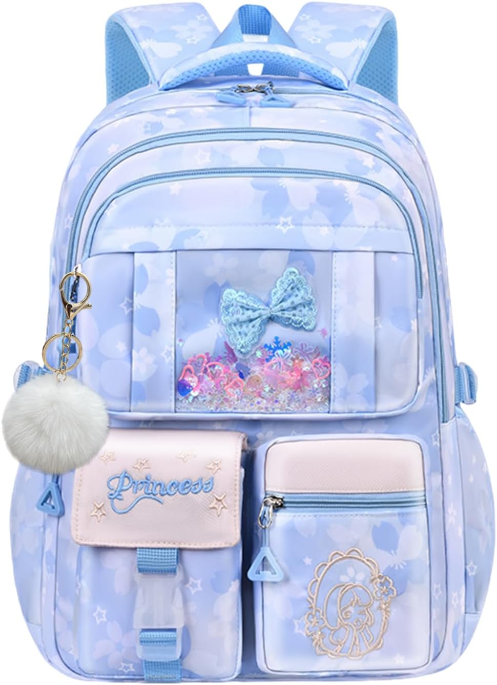 Kids Backpack School Bags for Girls, Cute Princess Backpack Multi-pocket Elementary School Students Bookbag for Girls, Blue