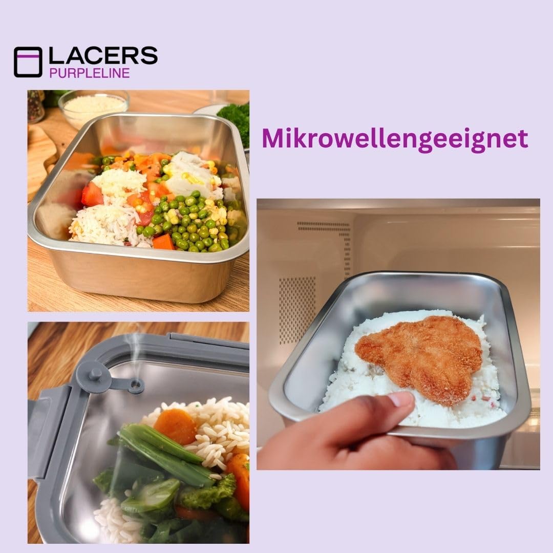Lacers Purpleline 6-teiliges Edelstahl Vorratsdosen-Set mit Glasdeckeln (800ml/1250ml/1800ml) – auslaufsichere Meal Prep Boxen, BPA-frei, mikrowellengeeignet, ofenfest, spülmaschinengeeignet