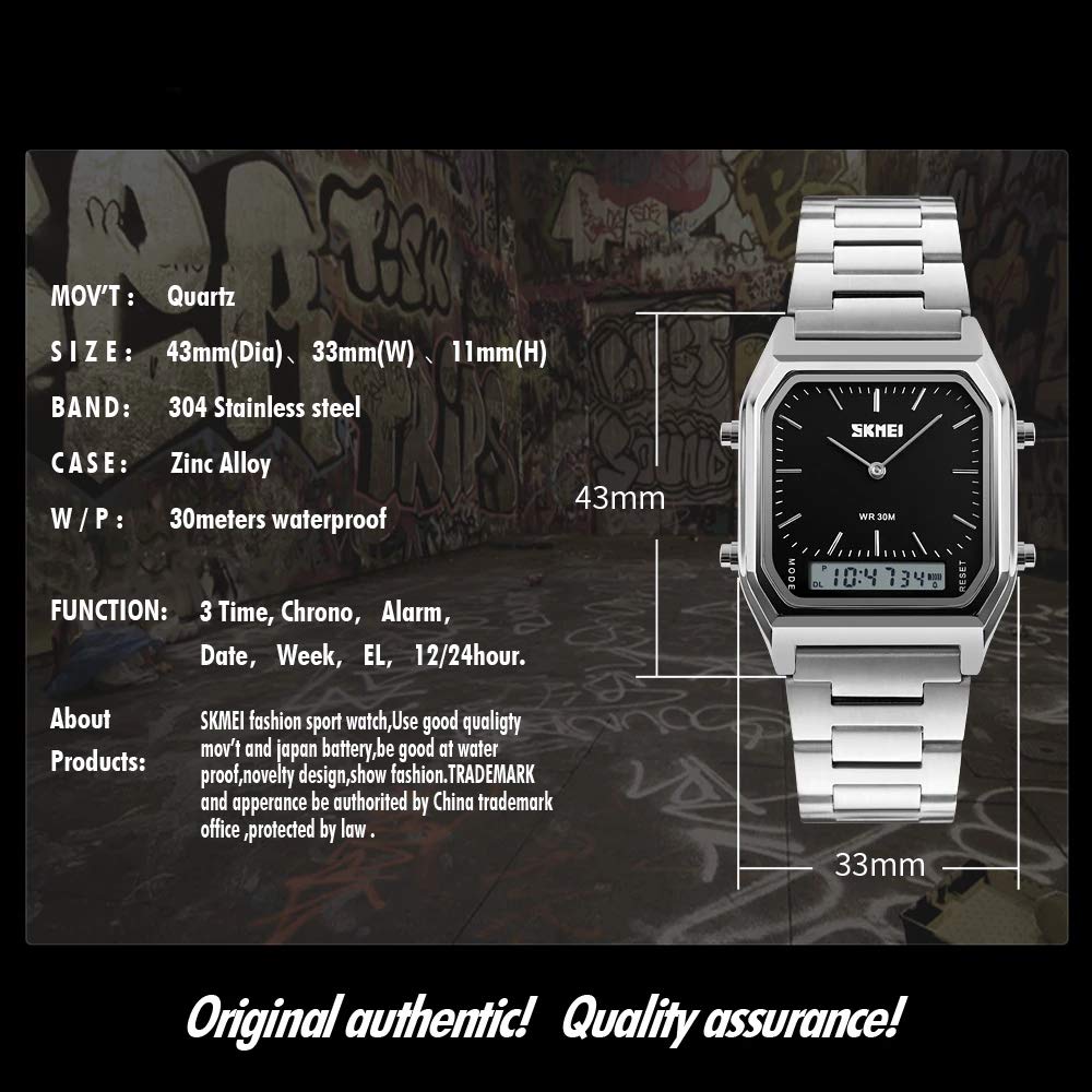 MASTOP Orologio sportivo digitale al quarzo da uomo, con doppio display quadrato, conto alla rovescia, sveglia, retroilluminazione, resistente all'acqua