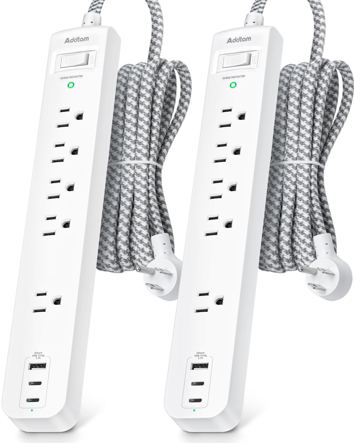 Photo 1 of 2 Pack Power Strip Surge Protector - 5 Widely Spaced Outlets 3 USB Charging Ports, 1875W/15A with 5Ft Braided Extension Cord, Flat Plug, Overload Surge Protection, Wall Mount for Home Office,White