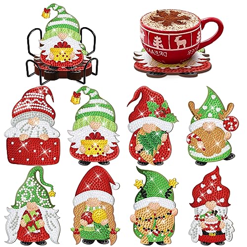 clothmile 8 PCS Christmas Gnome Diamond Art Coasters Diamond Art Coasters Kits with Holder Christmas DIY Coasters for Beginners, Adults, Kids, Diamond Art Crafts Supplies