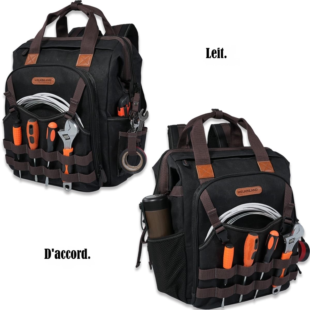 WELKINLAND Sac à dos d’outils HAVC en toile cirée à 88 poches, sac à dos d’outils pour électricien robuste, sac à dos d’outil pour technicien à ouverture supérieure, sac à dos d’outils pour la