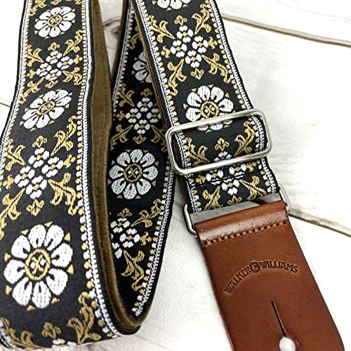 Walker And Williams H-43 Vintage Series Plush Back Gold Mandala Woven Guitar Strap With Thick Chestnut Leather Ends For Acoustic, Electric, And Bass Guitars #TOP2