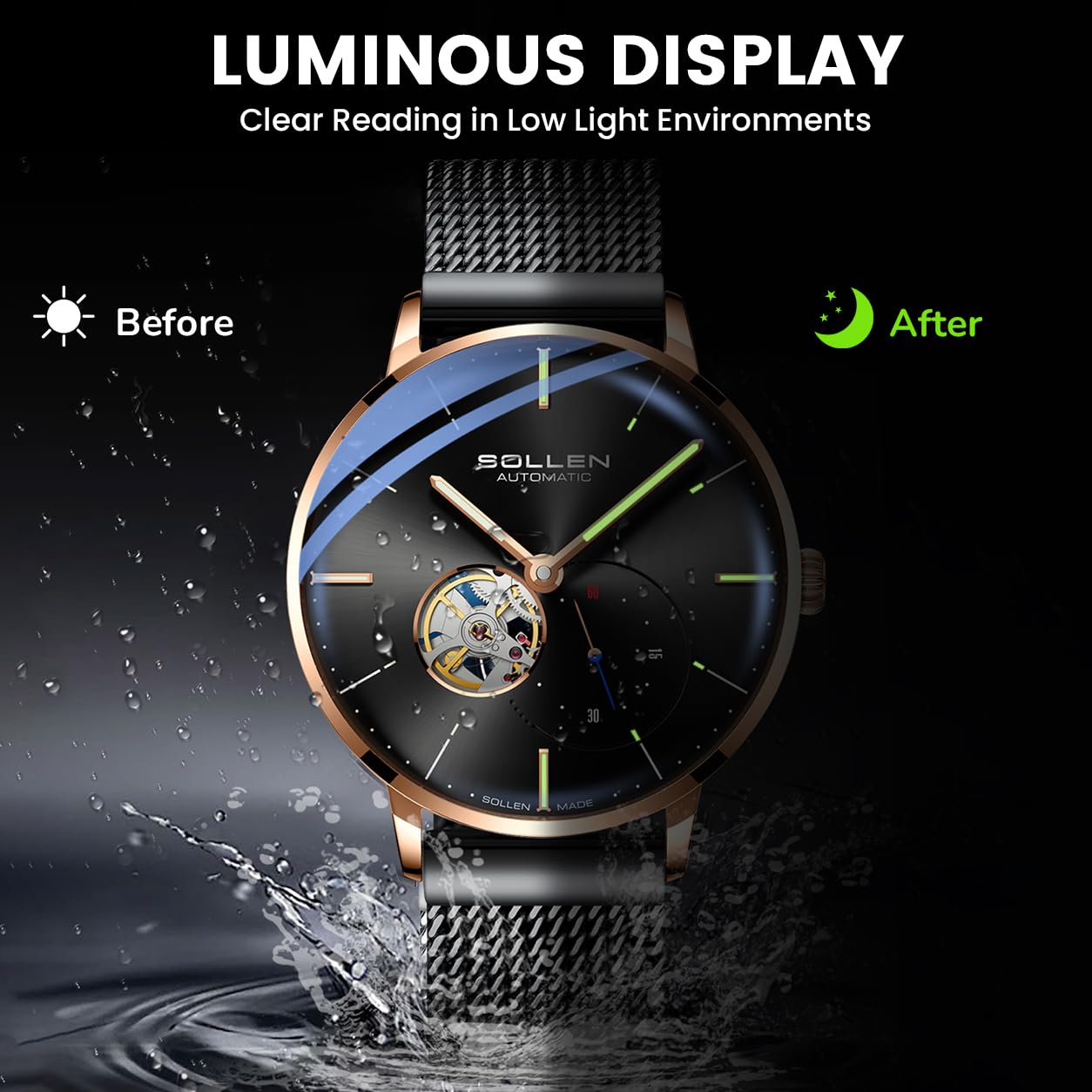 SOLLEN Relojes automáticos de esqueleto para hombre, relojes mecánicos minimalistas negros con manecillas luminosas y segunda subesfera, acero inoxidable, impermeable, elegante, de lujo, para uso