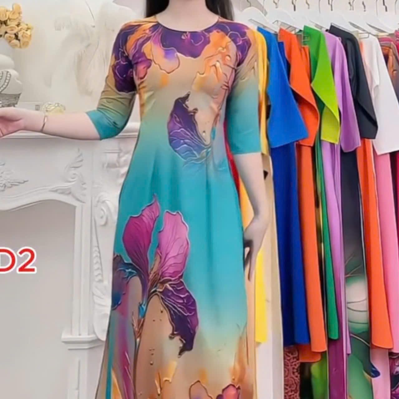 Traditional Vietnamese Ao Dai, Round Neck, 6D Printed Pattern, 34 Sleeves, Japanese Silk Material, Ao Dai and Pants