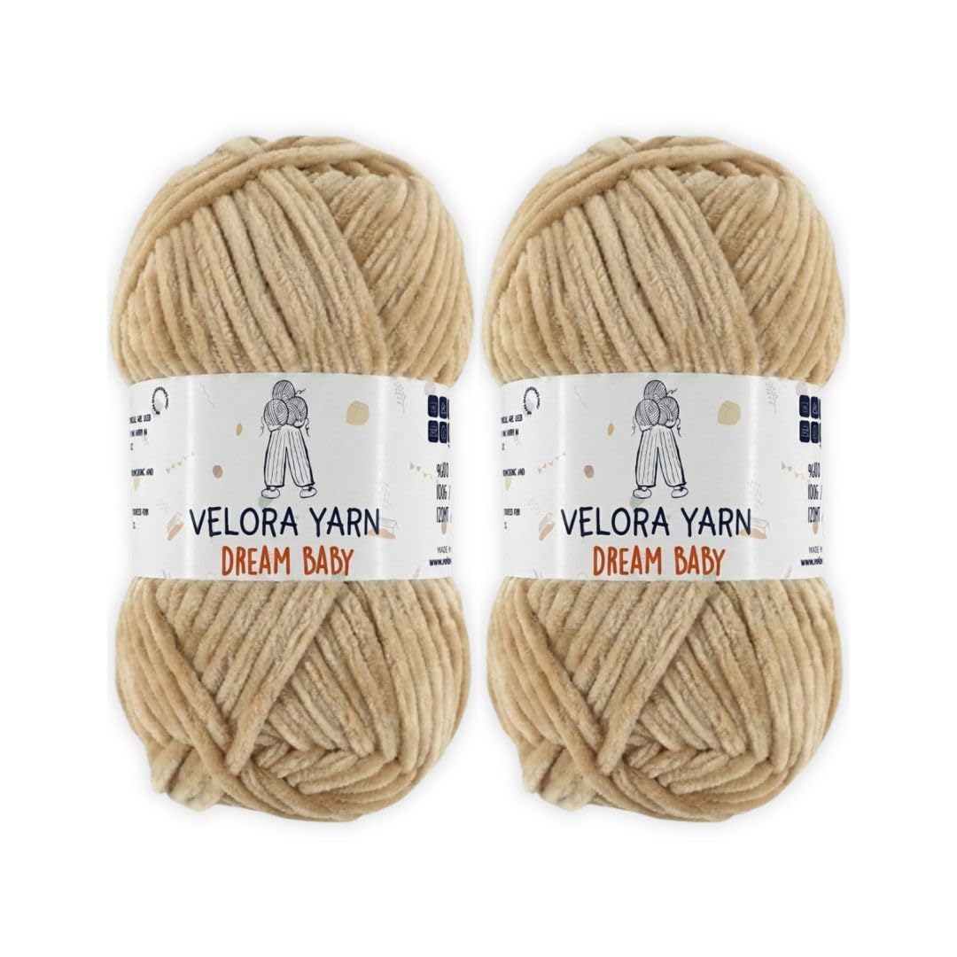 Velora Dream Baby Chenille Yarn Soft Thick Chunky Yarn Skein 100g 120m, Machine Washable for Knitting&Crochet Blanket, Amigurumi, Scarf, Hat,Sweater,Plushies (VY008-Beige (Dark), Pack of 2)
