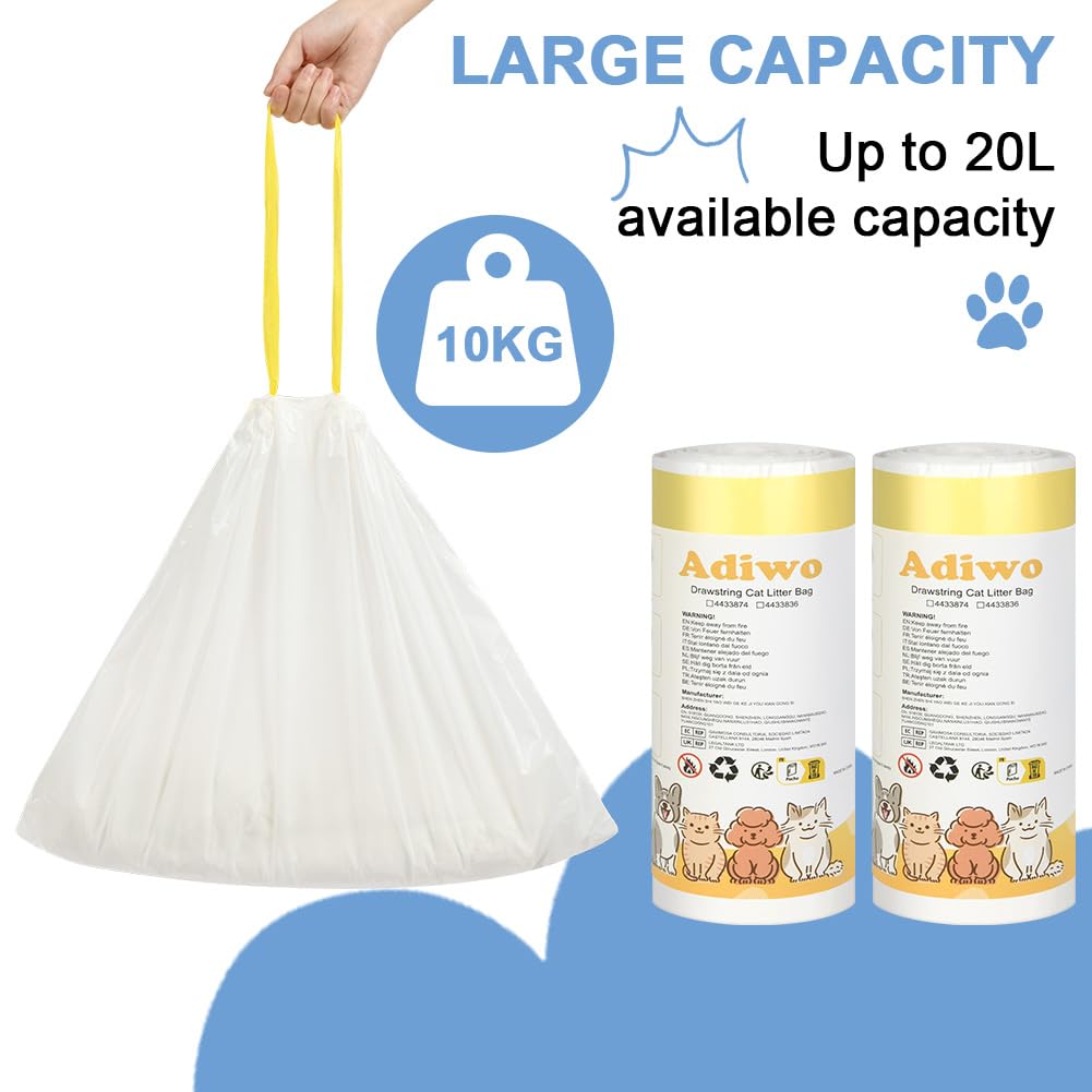 Adiwo Sacchetti Lettiera Gatto, 40 pezzi Sacchetti per Escrementi per Gatti con Coulisse Sacchi Resistenti ai Graffi 52x45cm con Maniglia per il Trasporto, Durevole, Resistente agli Strappi