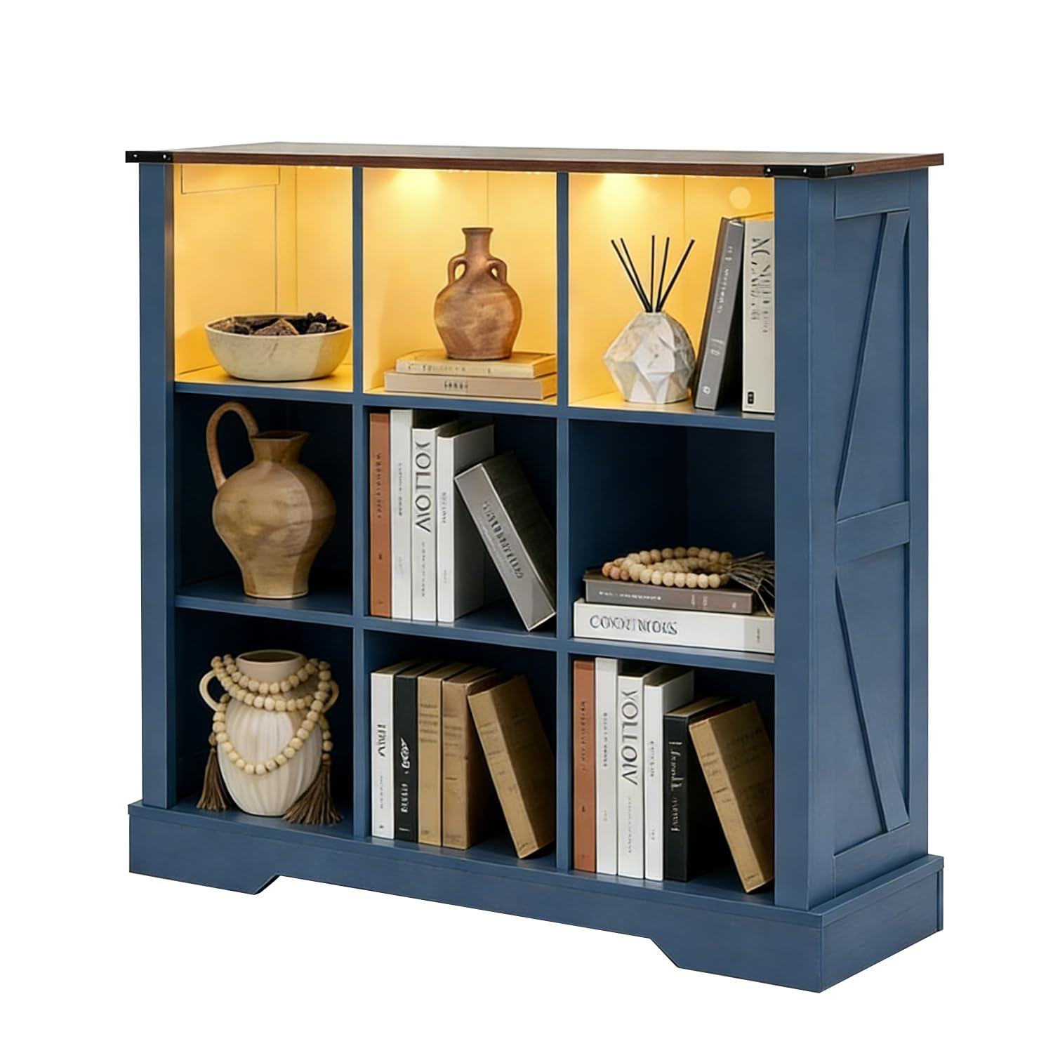 Puntogen 9 Cube Storage Organizer, Wood Cube Bookshelf with LED Lights, Horizontal Storage Cubes, Kids Bookshelf, Display Cabinet Cubby Shelf for