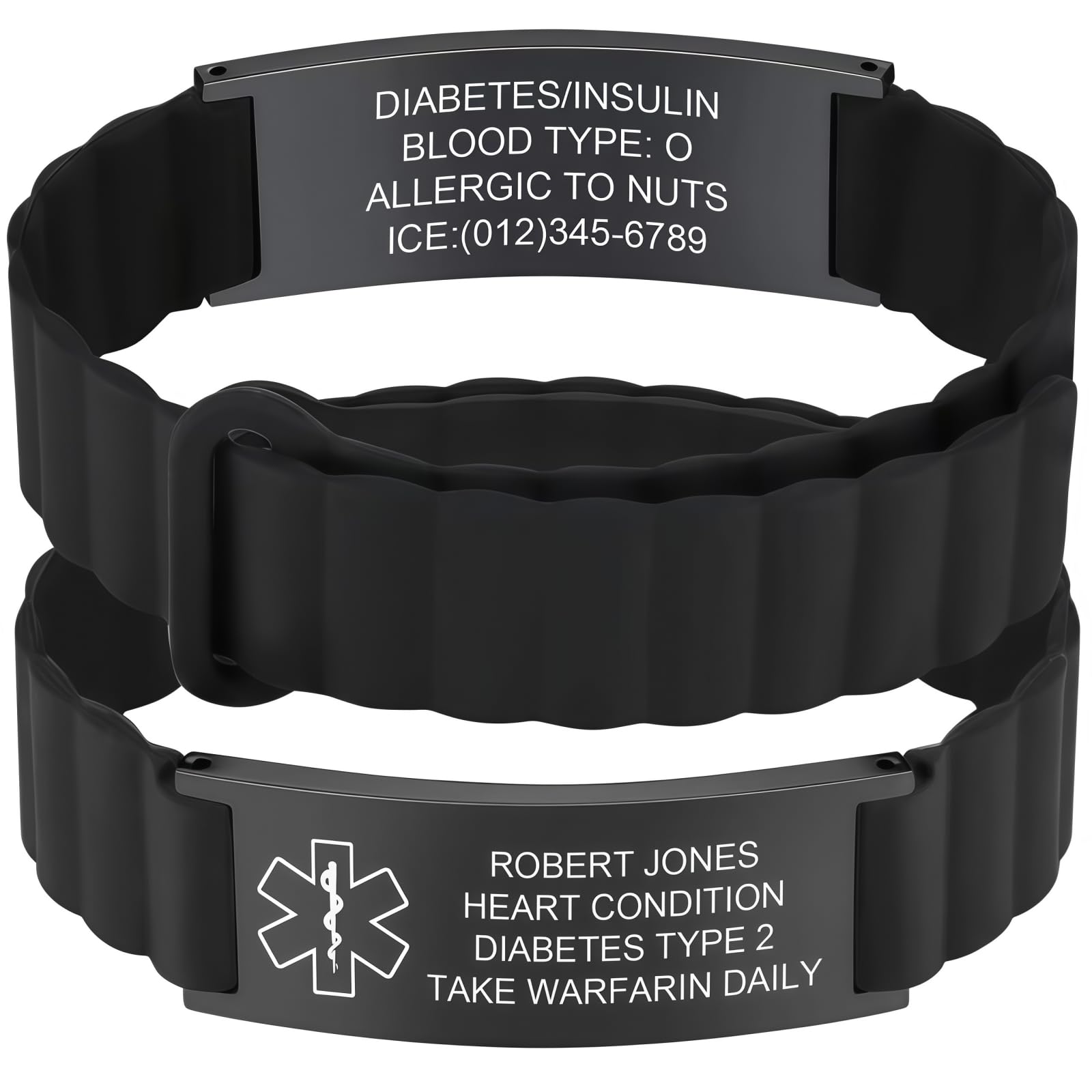 Custom Medical Alert Bracelets for Women Men, Engraved Medical ID Tag with Adjustable Waterproof Silicone Band, Personalized Emergency Bracelet for Diabetes, Allergies &amp; Health Conditions