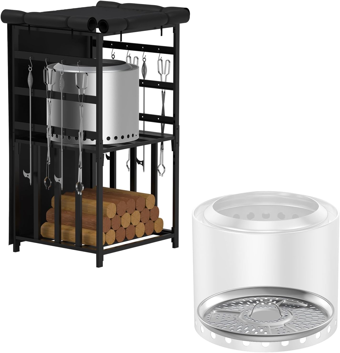 Firewood Storage Rack for Solo Stove Bonfire Ranger Yukon Fire Pit Accessories and Pellet Adapter for Solo Stove Bonfire, Stainelss Steel Wood Pellets Adapter for Solo Stove Bonfire Extension