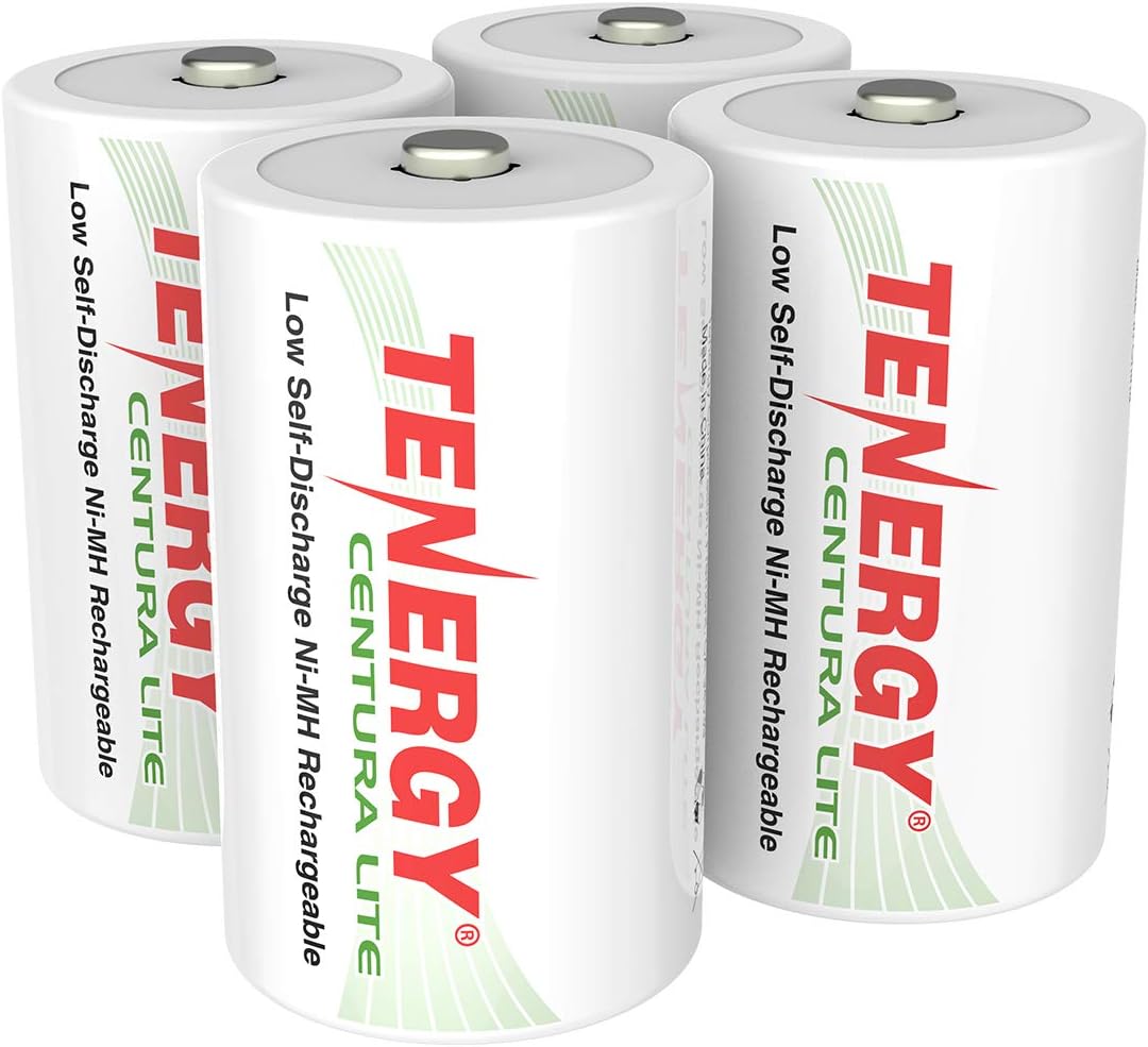 Tenergy Centura Lite 1.2V NiMH Rechargeable D Battery, 3000mAh Low Self Discharge D Cell Batteries, Pre-Charged D Size Battery, UL Certified, 4 Pack