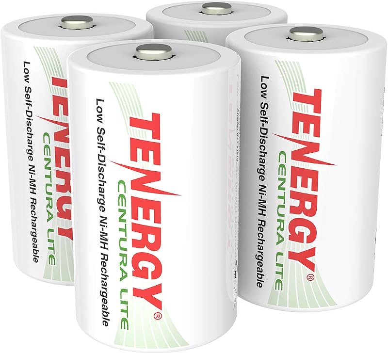 Tenergy Centura Lite 1.2V NiMH Rechargeable D Battery, 3000mAh Low Self Discharge D Cell Batteries, Pre-Charged D Size Battery, UL Certified, 4 Pack