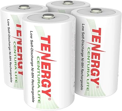Tenergy Centura Lite 1.2V NiMH Rechargeable D Battery, 3000mAh Low Self Discharge D Cell Batteries, Pre-Charged D Size Battery, UL Certified, 4 Pack