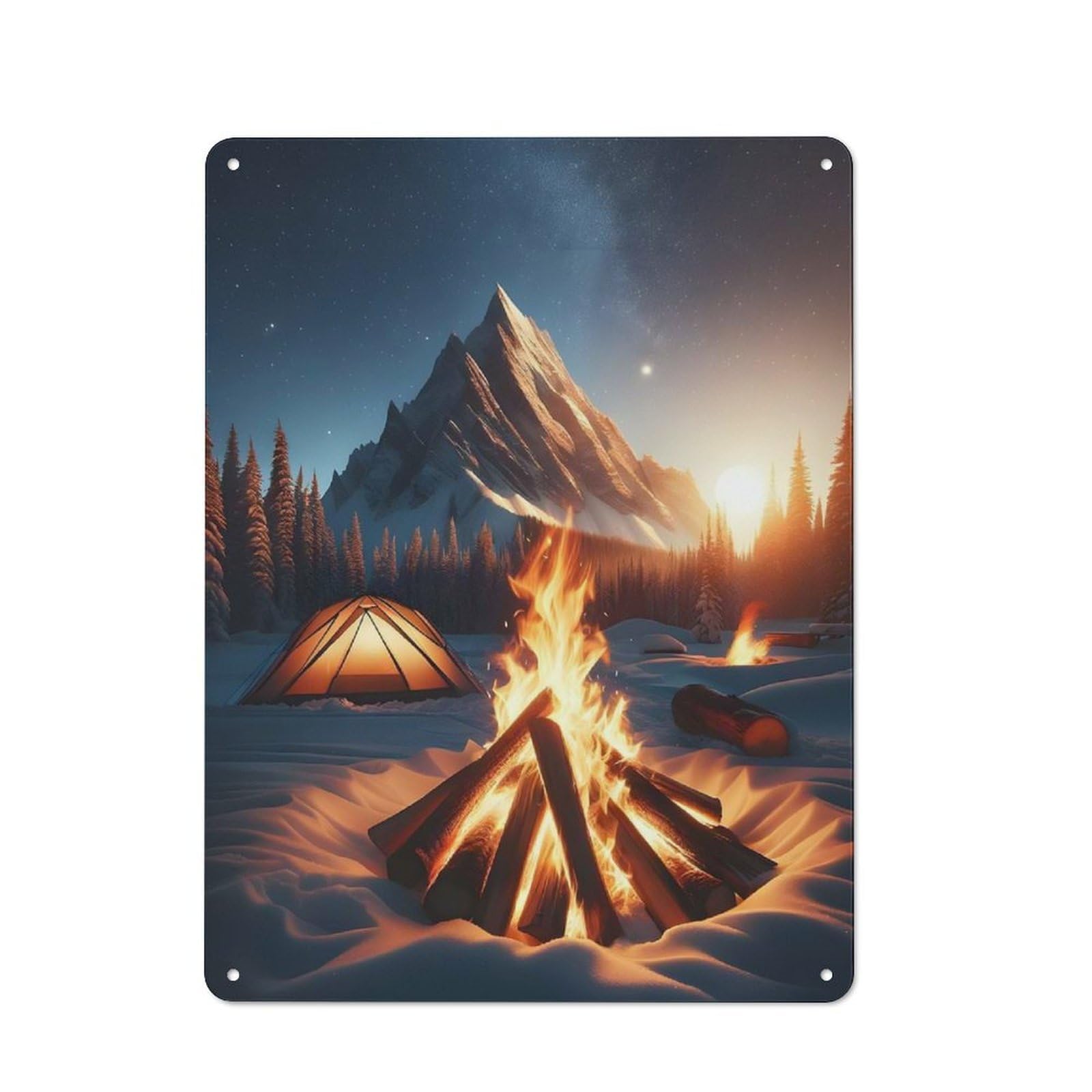Tin Wall Plaque 40x30cm with The Mountain Campfire for Studio Or Craft Room, Suited to Craft Room Decorators
