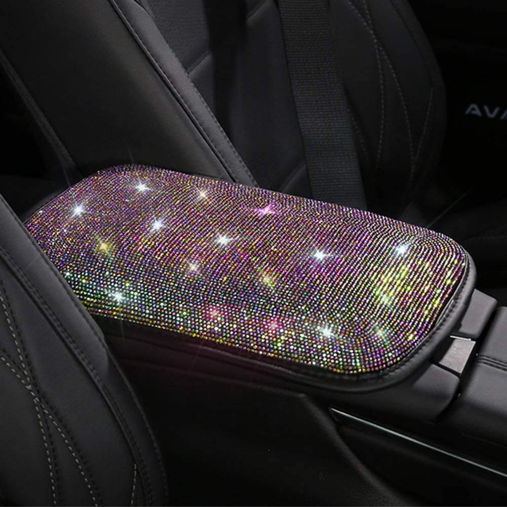 Bling Bling Car Armrest Cover, Universal Car Armrest Cover Auto Center Console Cushion Pad Charming Colorful Crystal Rhinestone Arm Rest Padding Protective Case Car Interior Accessory