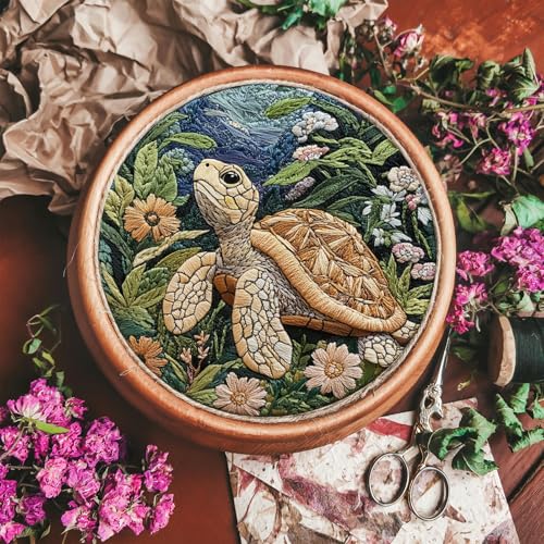 Image of FONNUY Sea Turtle Floral Embroidery Kit, Cross Stitch Kits for Beginners, Handmade Crafts with Printed Patterns for Adults, Easy to Follow Color Thread Needlework, 8'' Hoop (Ocean Journeyer)