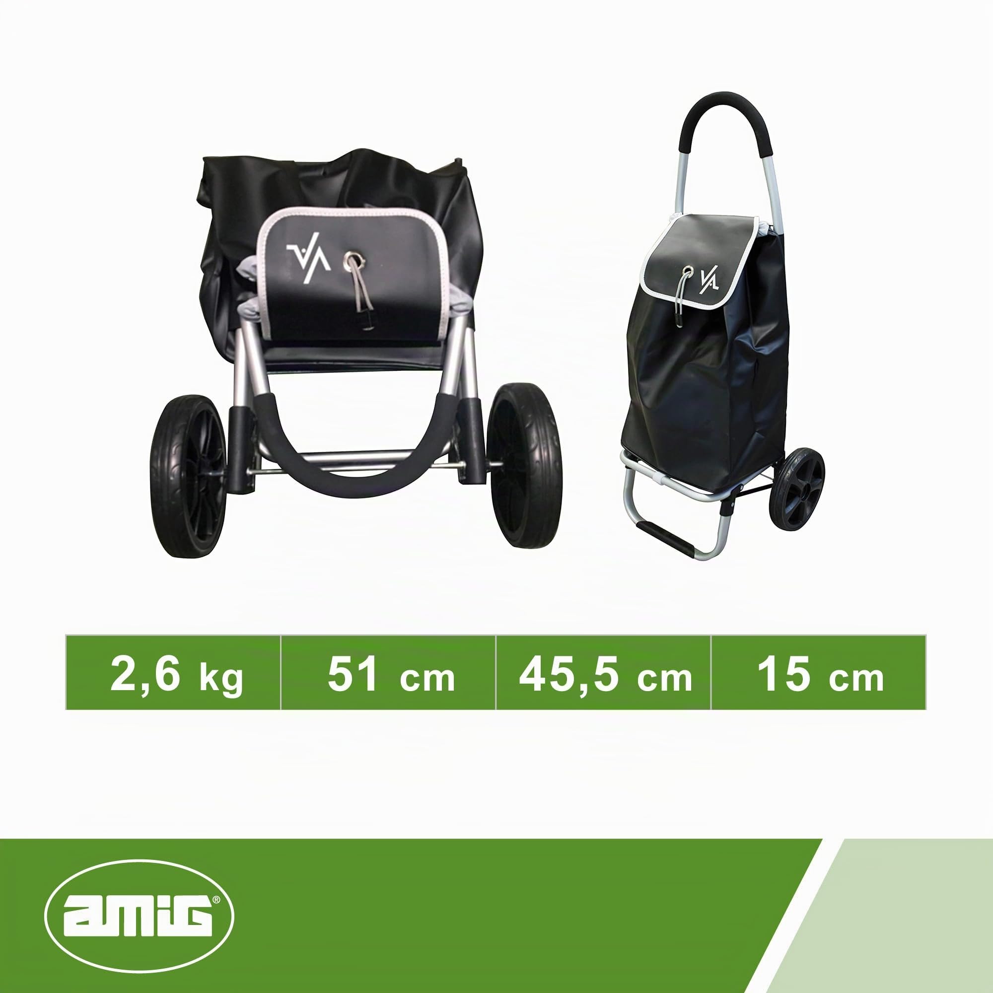 Amig - Carro de la Compra de 2 Ruedas - Bolsa Ajustable - Aluminio Ligero - Carga Máxima 15kg - Capacidad de 50 L - Medidas: 51 x 45 x 15 cm - Color: Negro