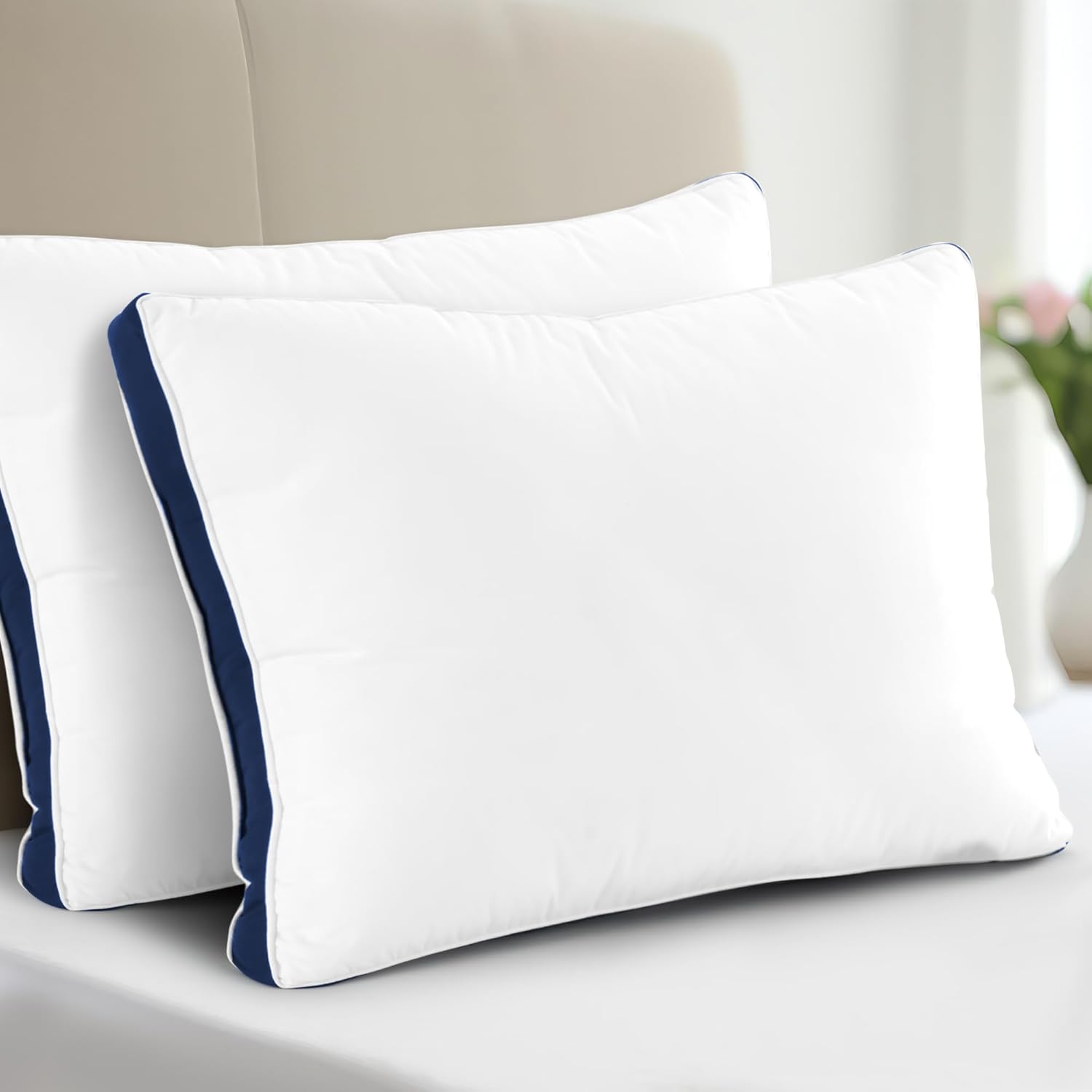 LUX Décor Gusseted Style Soft Hotel Pillows Set of 2 – for Side, Stomach & Back Sleepers - Down Alternative Hotel Bed Pillows – 100% Microfiber Cover, Virgin PSF Fill – Navy, Queen 26x18