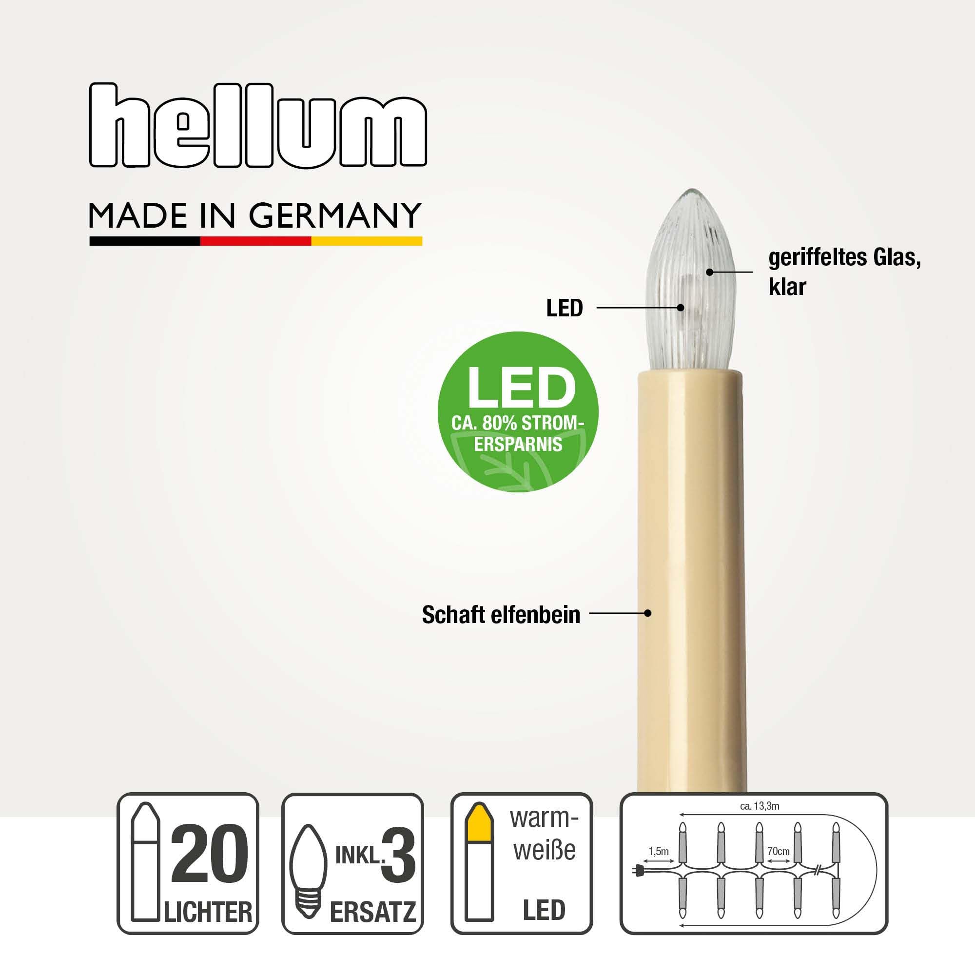 hellum LED Lichterkette Weihnachtsbaum, Made in Germany, Lichterkette mit Clip, 20 Lichter, beleuchtete Länge 13,30 m, Kabel grün, wamrweiß, für Innen, teilbarer Stecker, 3 Ersatzkerzen, <59lm 430165