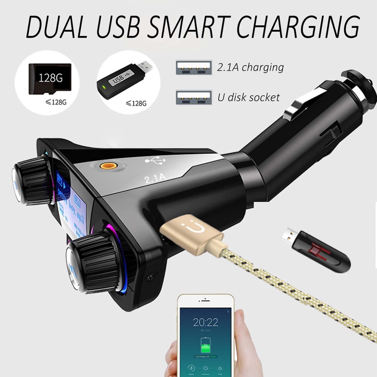 Bluetooth trasmettitore FM lettore MP3 kit vivavoce per auto wireless radio audio compatibile con Dual USB 5 V 2.1 A U disk TF Card