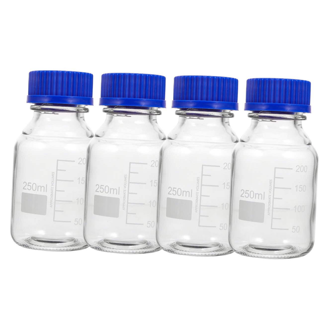 Set di 4 Bottiglie Reagenti in Vetro da 250ml con Tappo a Vite Blu, Resistenti e Riutilizzabili per Laboratori Chimici e Istituti Scientifici