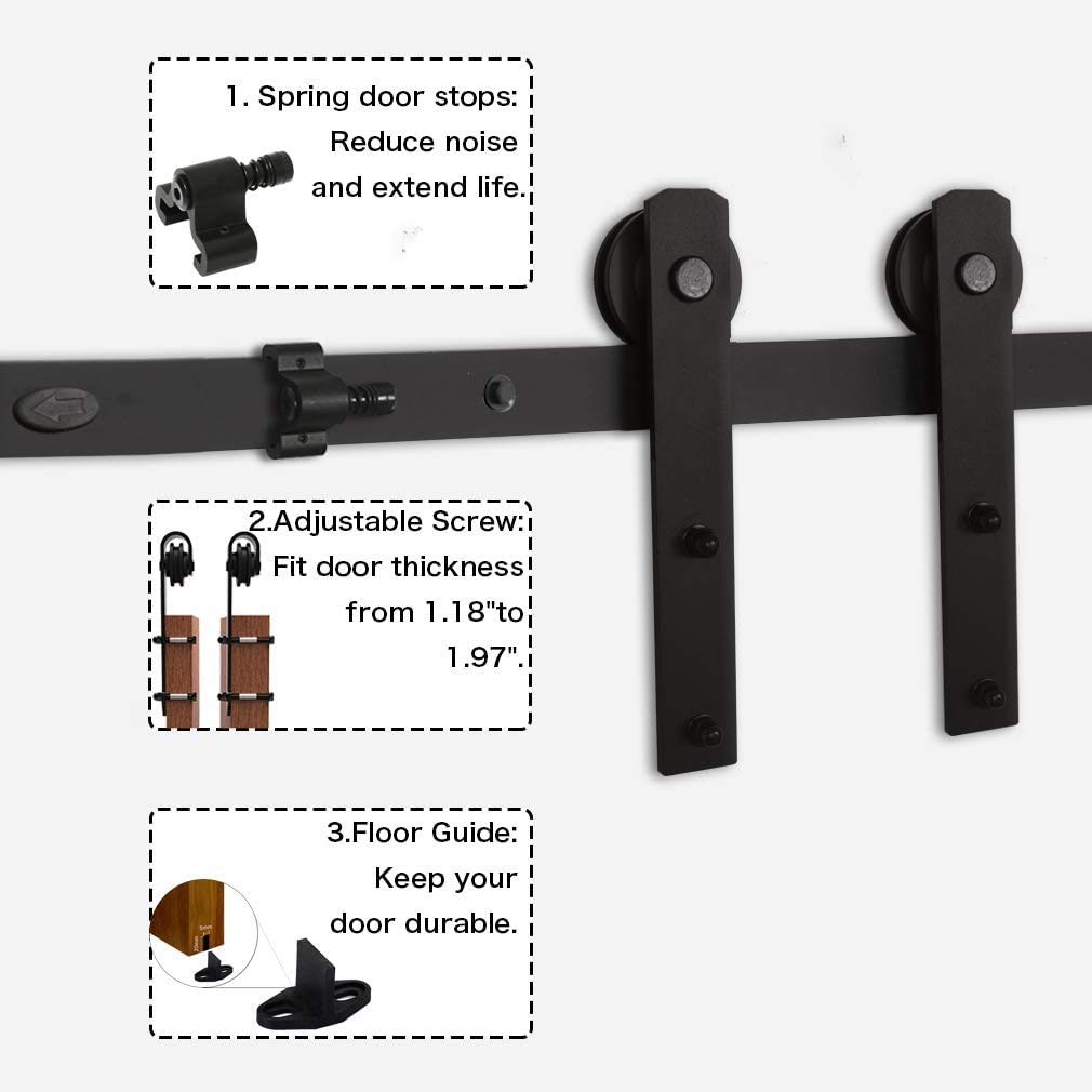 Kit de herrajes para puerta corrediza de madera de granero negro de 228 cm para puerta doble, funcionamiento suave y diseño para una fácil instalación y uso duradero
