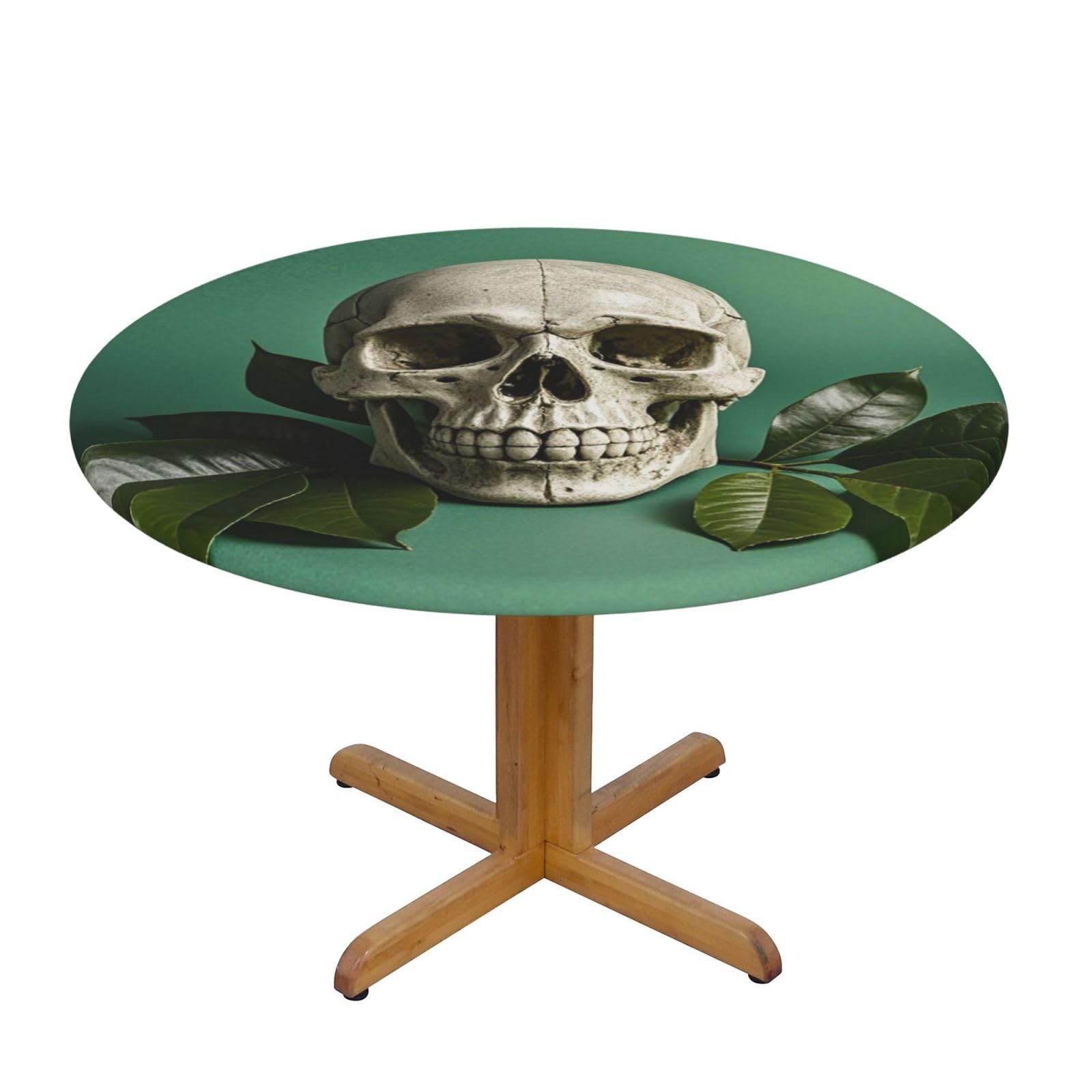BTCOWZRV Green Background Skull and Leaves Round Spandex Tablecloth 55 Inch, Elastic Fitted Waterproof Tablecloths Stretch Washable Picnic Table Cover for Camping, Dining, Indoor and Outdoor