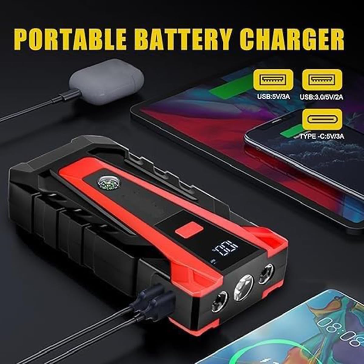 Klack Arrancador de Batería Portátil 12V 14000 mAh con Power Bank | Linterna LED 3 Modos, USB Tipo C Carga Rápida, Brújula Integrada, Pinzas Inteligentes, Estuche Incluido