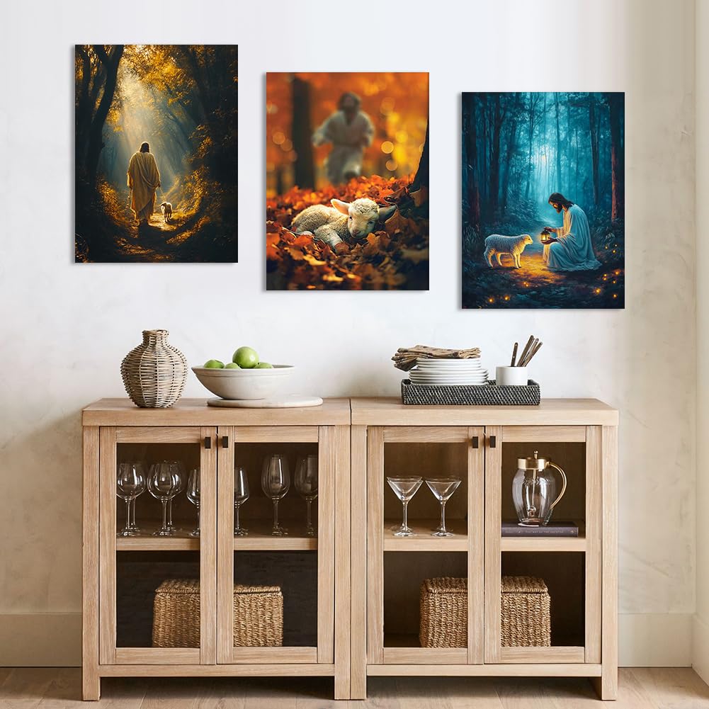 Artscope 3 Pieces Wall Art Canvas Prints, Jesus and Lost Lamb Picture Painting - Image 4