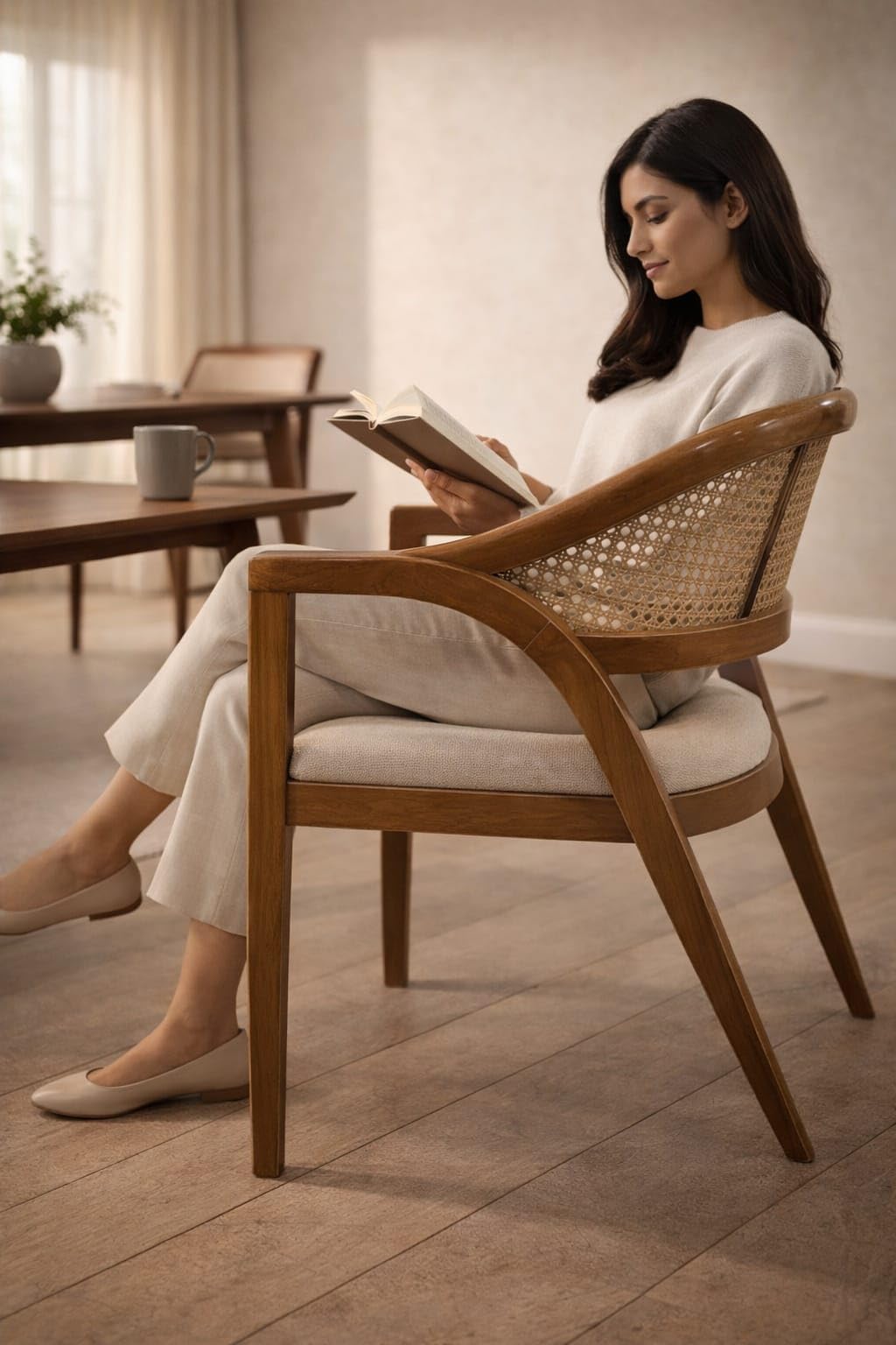 Woodkalakar Teak Wood Chair with Natural Cane Back | Upholstered Beige Seat | Solid Wood Arm Chair for Dining & Living Room-image-46
