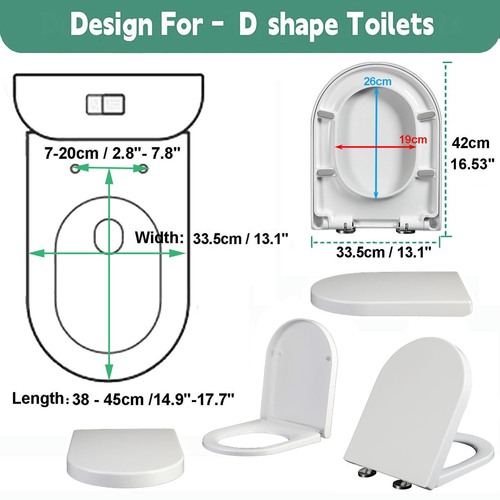 2B 42x33cm,Tapa WC en Forma de D, Asiento para Inodoro de Cierre Suave, Tapa de Inodoro Bisagras Ajustables, Desmontaje rápido, Fácil de Limpiar, Blanco