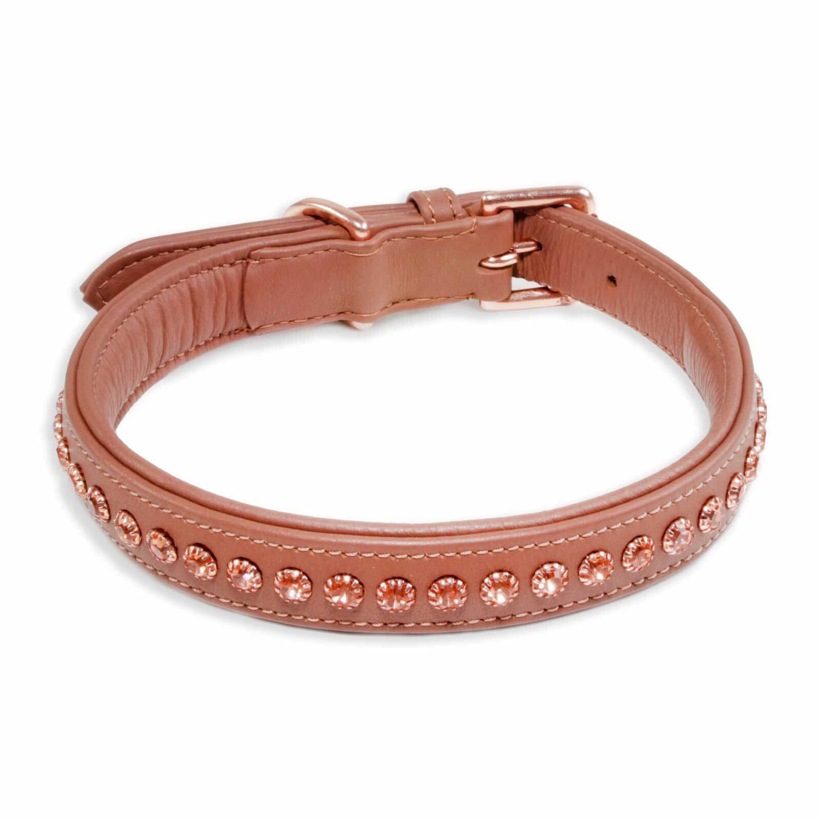Monkimau Halsband Hund echt Leder Hunde Halsbänder braun gepolstert mit Kristallen Lederhalsband verstellbar Dog Collar Hundehalsband (XS-S: 20mm x 40cm)