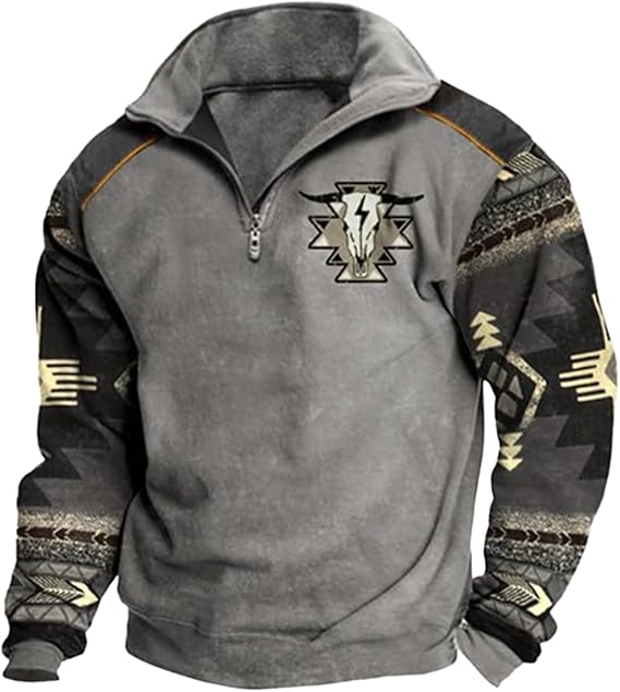 Western Sweatshirts for Men Aztec Ethnic Print Quarter Zip Pullover Fleece Hoodies Casual Stand Collar Sweatshirt
