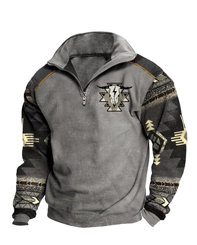 Western Sweatshirts for Men Aztec Ethnic Print Quarter Zip Pullover Fleece Hoodies Casual Stand Collar Sweatshirt