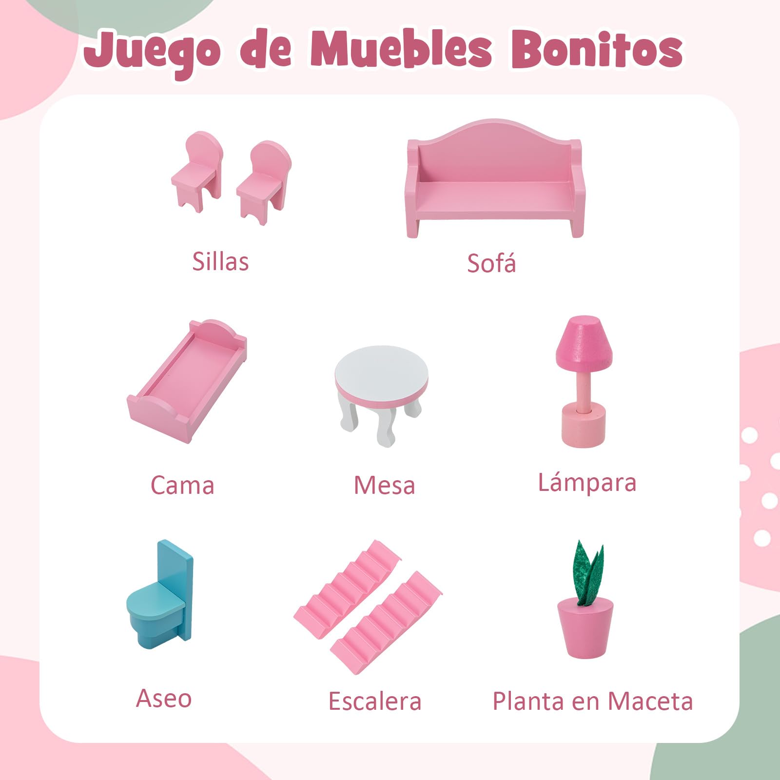 COSTWAY Casa de Muñecas de Madera para Niños, 60 x 25 x 70 cm, Juego de Casa de Muñecas con 5 Cuartos y 10 Piezas de Muebles, Atractivos Papeles Pintados y Baldosas, para Niñas de 3 a 7 Años