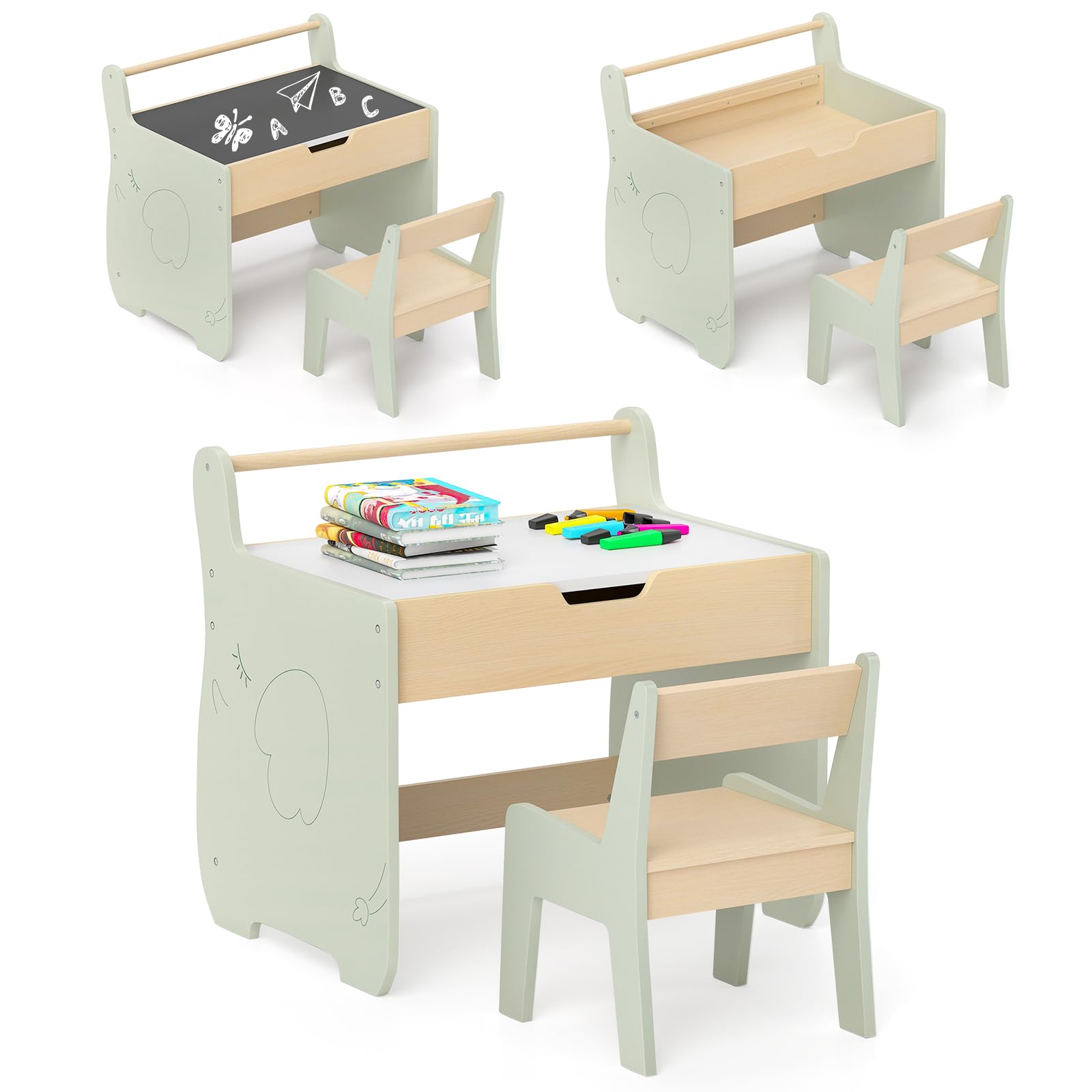 COSTWAY Juego de Mesa y Silla Infantil de Madera, Juego de Escritorio y Silla de Actividades para Niños con Tablero Desmontable 2 en 1,Escritorio Infantil con Soporte para Rollo de Papel para Dibujar