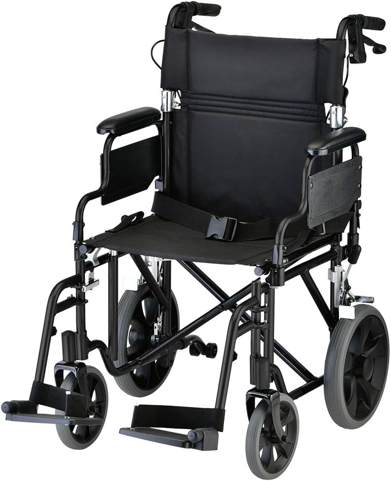 NOVA Medical Products NOVA Lightweight Transport Chair with Locking Hand Brakes, 2” Rear Wheels, Removable & Flip Up Arms for Easy Transfer, AntiTippers Included, Black, 1 Count