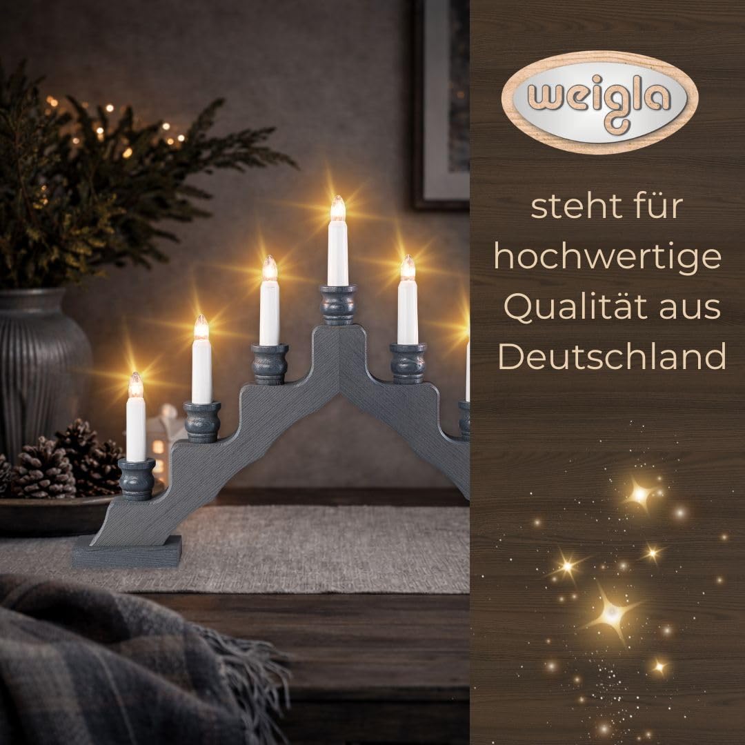 WEIGLA - Schwedenleuchter original Erzgebirge I Trendiger Schwede GRAU I LED I Schwibbogen Weihnachten I 7 Lampenkerzen + 1 Ersatzlampe I 7 x 34 V, 0,2 W, E10 I Weihnachtsdeko innen I Kiefernholz
