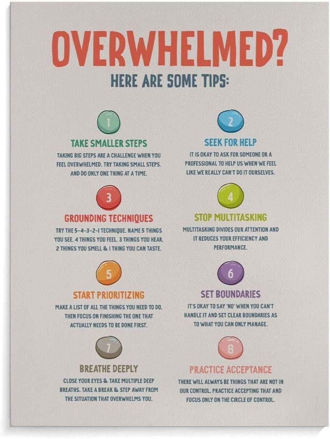LLBOGRGGN Overwhelmed Tips Mental Health Poster Office Decor Calming Wall-Art for Counseling Room Home Bedroom