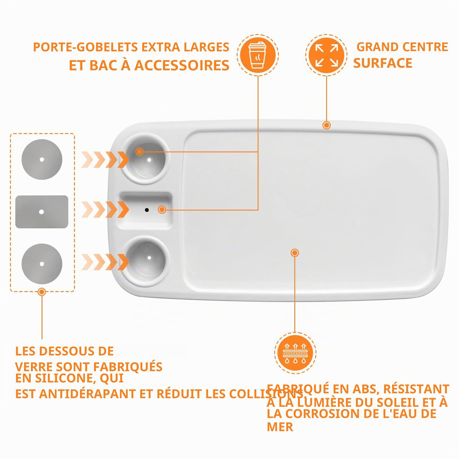 table amovible, 86,4 x 45,7 cm, pour bateau ponton, véhicule récréatif, grand plateau avec porte-gobelets intégrés, support de téléphone en ABS, imperméable