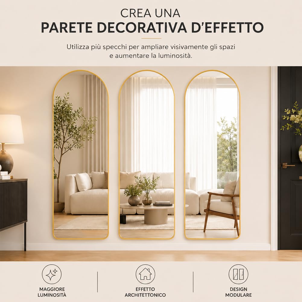 Shally Dogan Specchio da Terra e da Muro ad Arco, Stand Autoportante Indipendente e da Parete, Decorazione Interna, Design Minimal, Figura Intera e Cornice in Alluminio, 155 x 45 cm