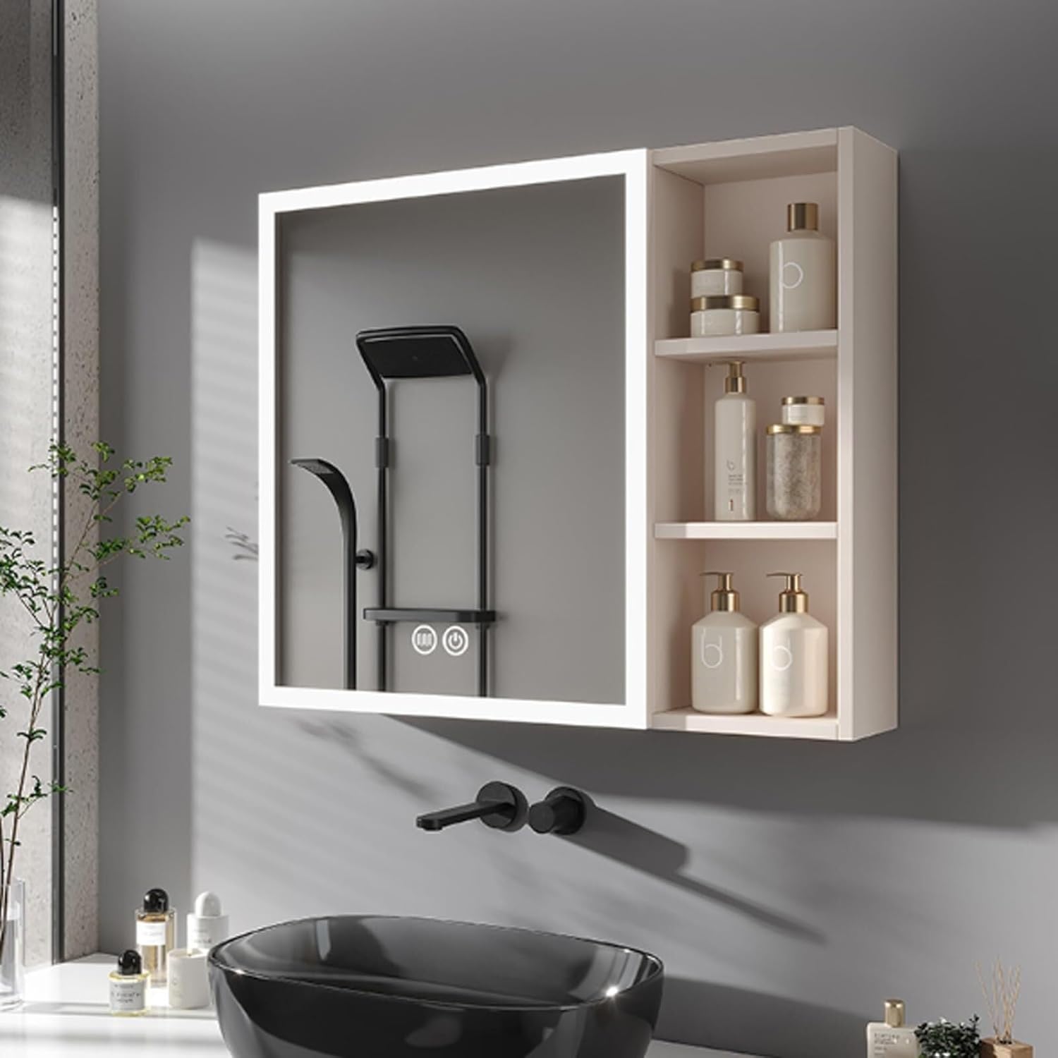 Smart Vanity Bathroom Mirror Cabinet with LED Lights, Anti-Fog, Space Aluminum Construction, Open Shelving & Beauty Storage Shelf, Wall-Mounted Medicine(Brown,60 * 13 * 70cm)