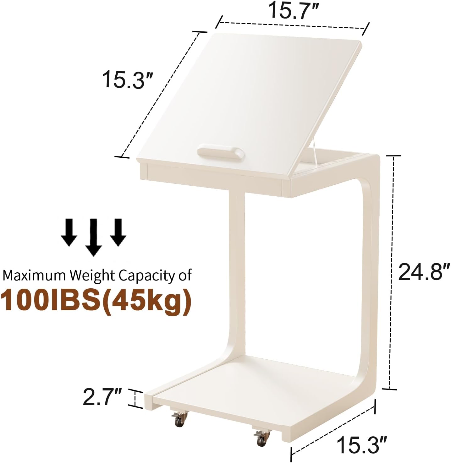 C Shaped End Table for Couch, C Table with Wheels, Wooden Couch Table Adjustable Desktop for Living Room,Bedroom(White)
