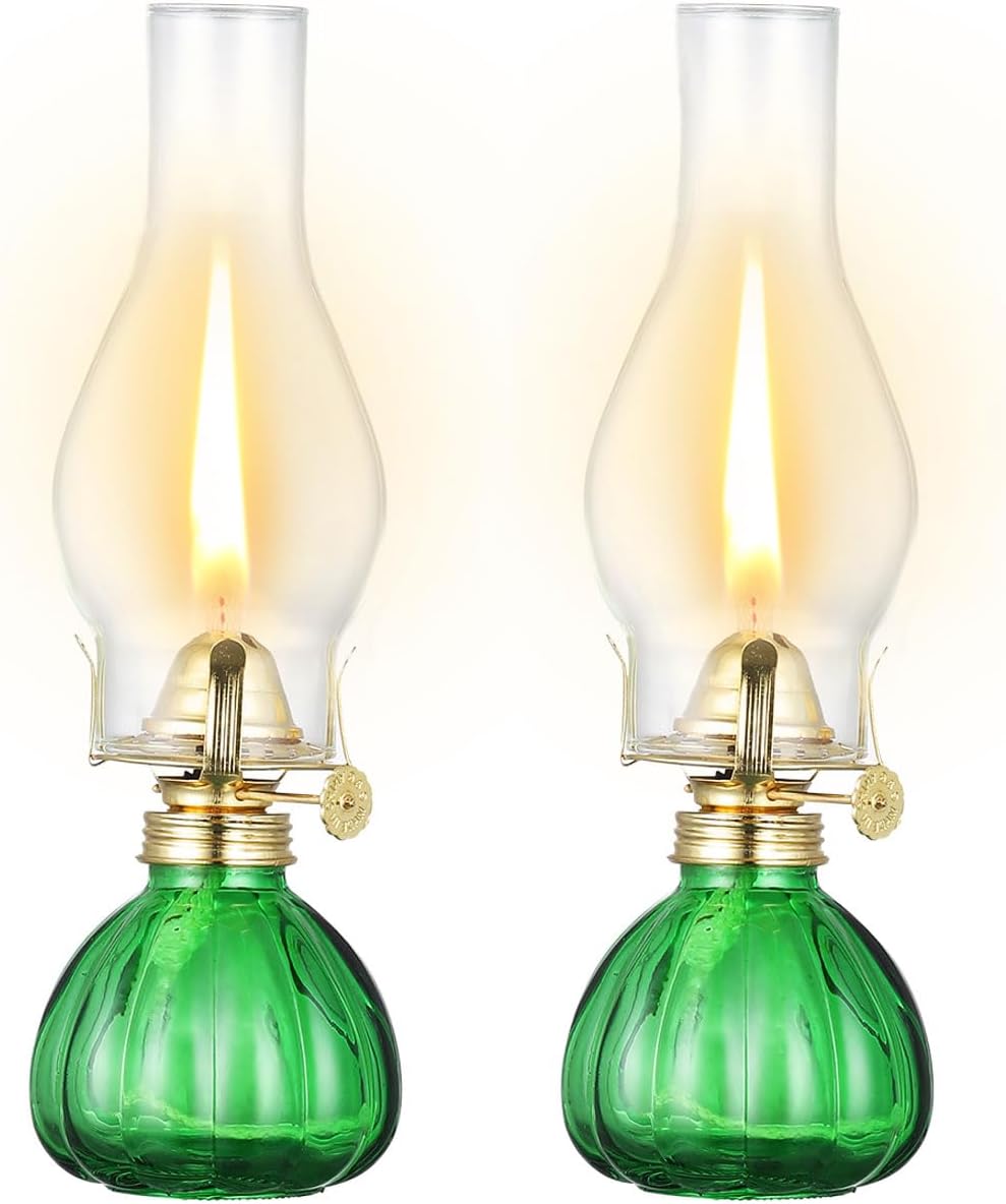 2 Pieces Vintage Oil Lamp Color Glass Kerosene Lamp Lantern 11 Inch Large Oil Lamps for Indoor Use Decorative Hurricane Lamp Oil Lantern for Tabletop Decor Emergency Lighting