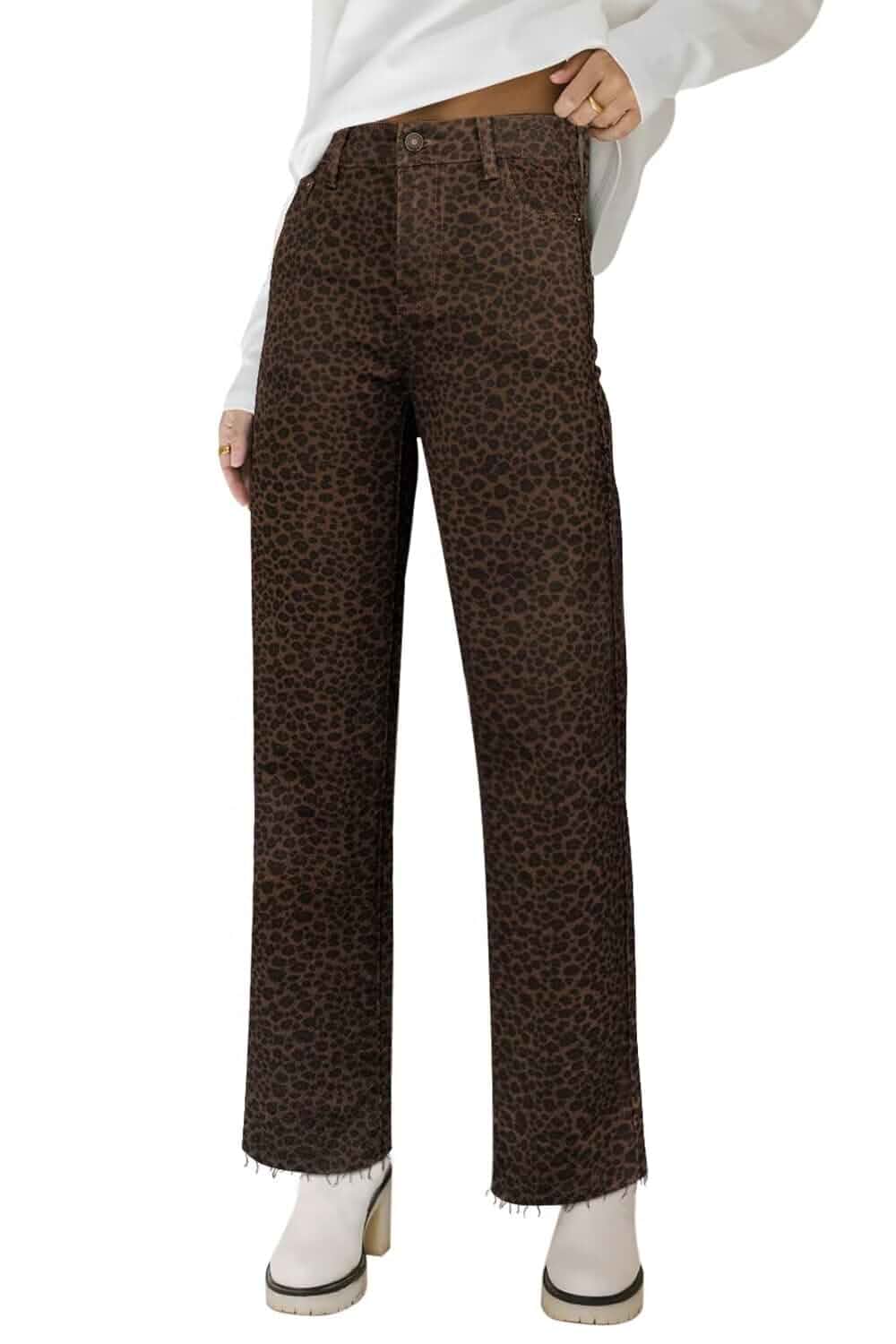 KDF Straight Leg Jeans for Women High Waisted Frayed Baggy Pants Stretchy Cropped Wide Leg Jeans Standard