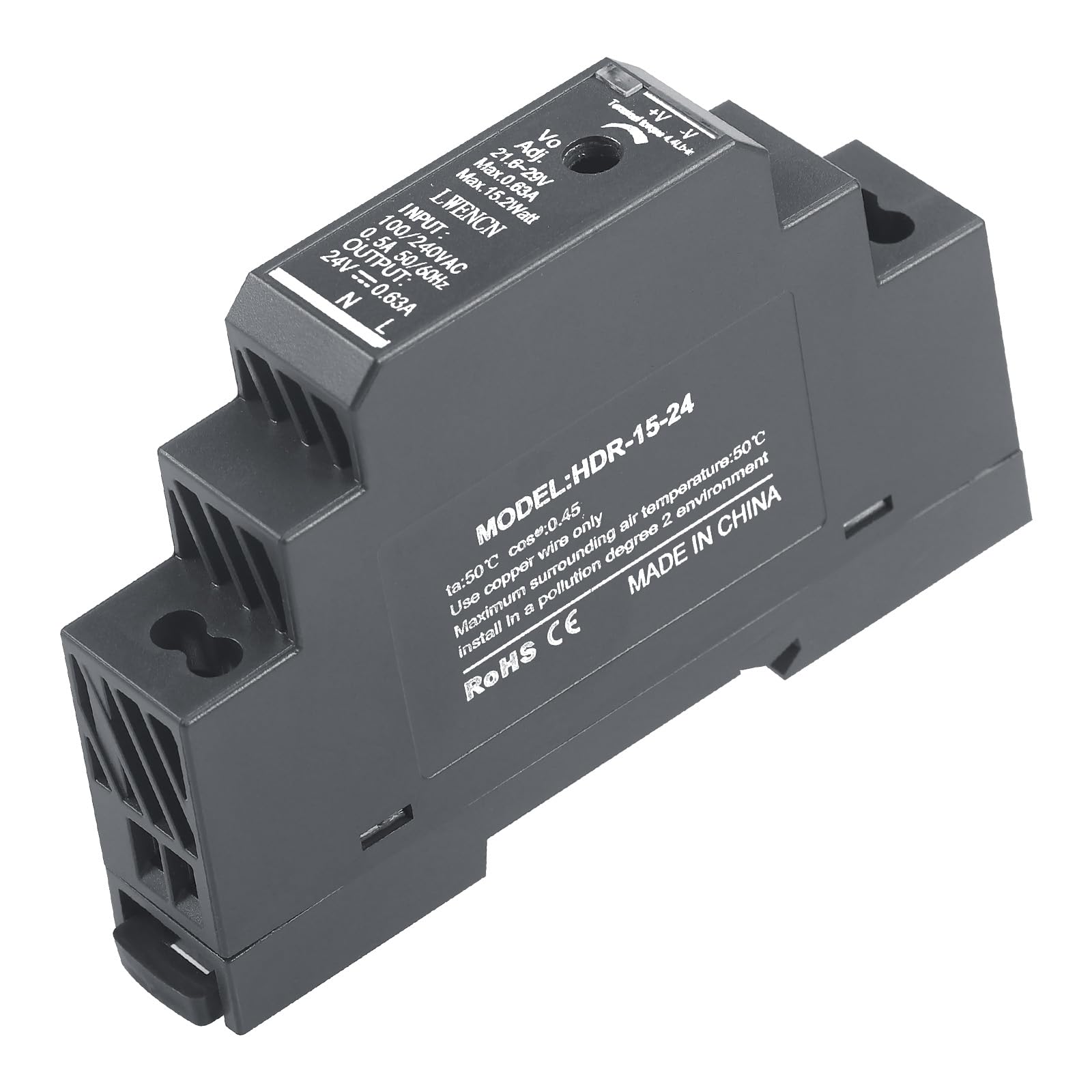 Kssvzz DIN Rail Power Supply 24V DC 0.63A 15W, Input 100-240V AC 50/60Hz DIN Rail Transformer for Home or Industrial Automation