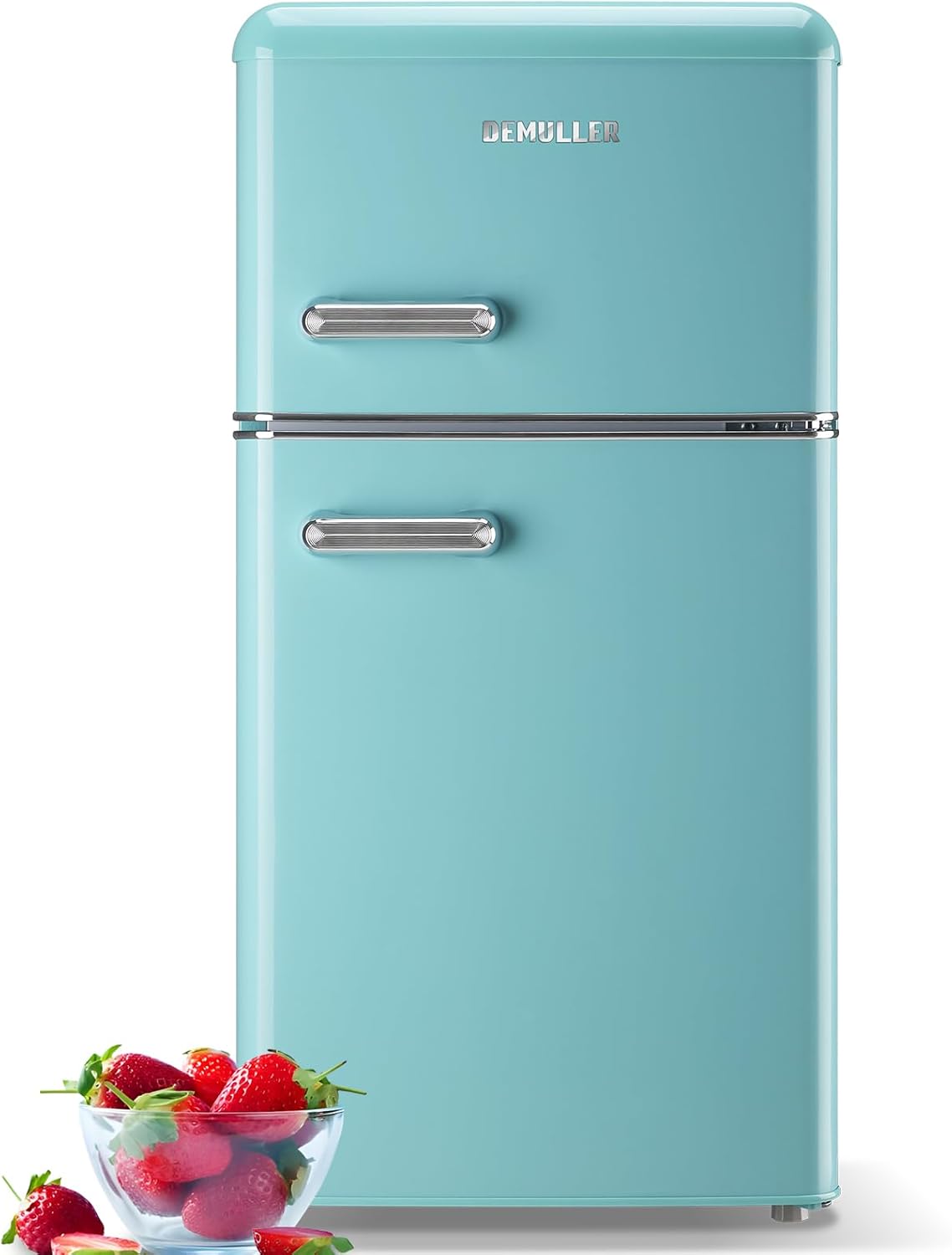 Mini refrigerador retro azul con congelador y 2 puertas y 2 asas