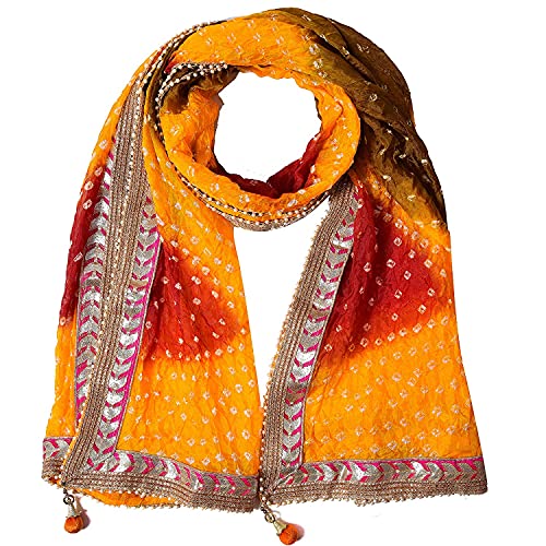 Jaipuri Rajasthani Women Silk Bandhani Bandhej Multi-Colored Heavy Dupatta with Gota Work and latkan Yellow & Red